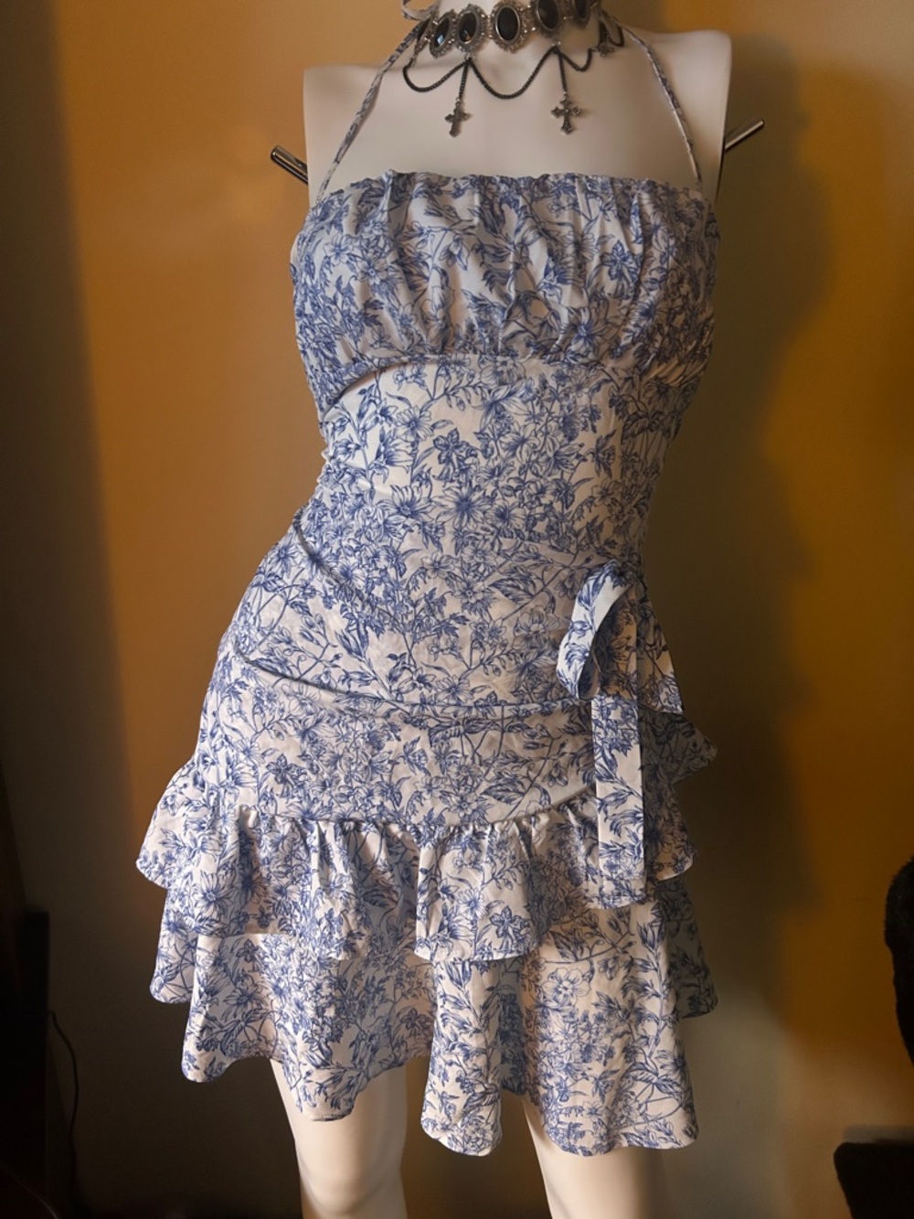 Blue Floral Halter Ruffle Mini Dress